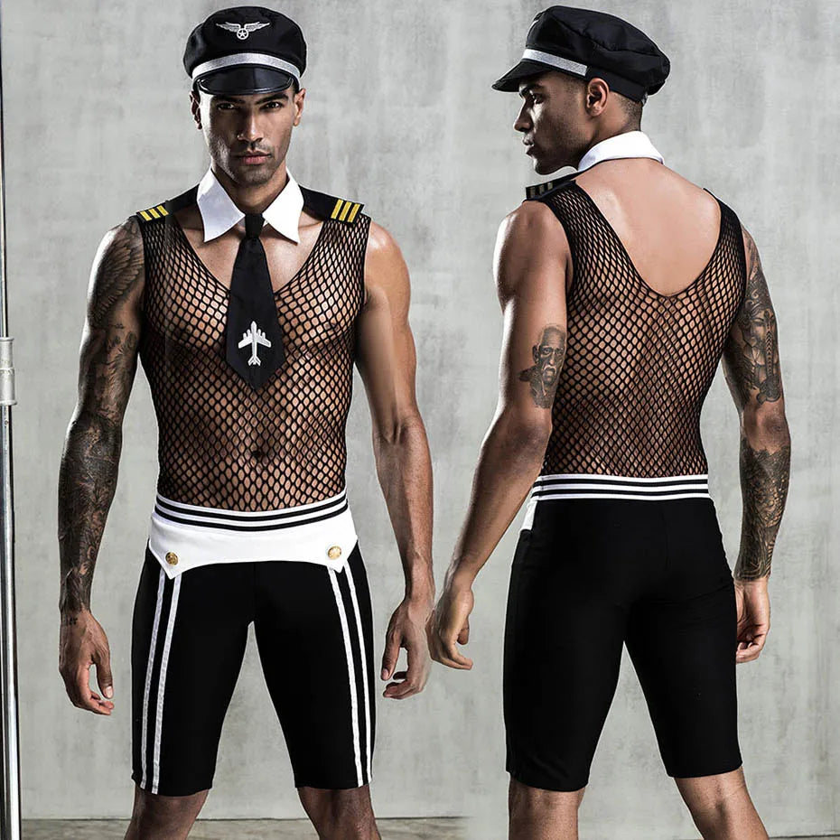 Erotic Mesh Catsuit Pilot Policemen Uniform Lingerie Set