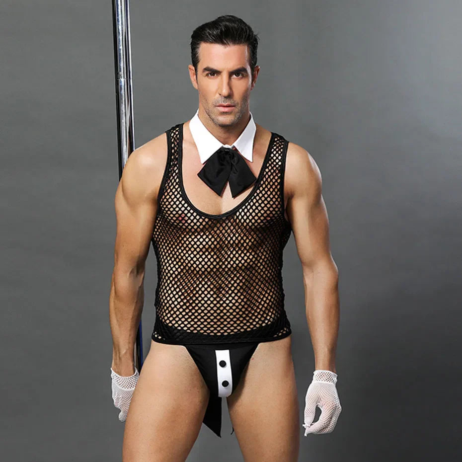 Alluring Waiter Uniform Cosplay Lingerie Set Black Mesh Men