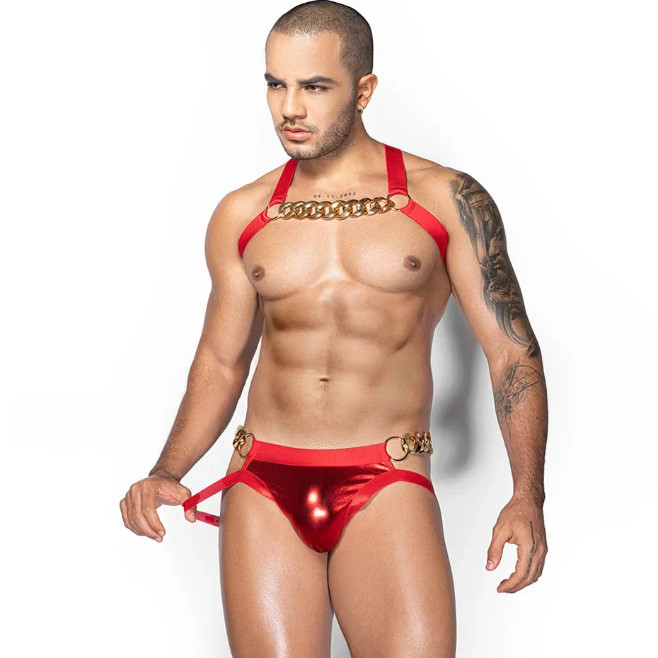 Men Leather Bodysuit & Pants Set Alluring Lingerie