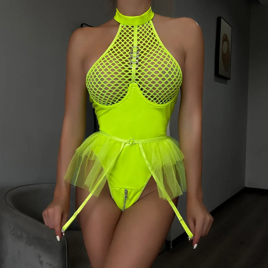 Alluring Lace Halter Bodysuit Open Crotch Lingerie For Women