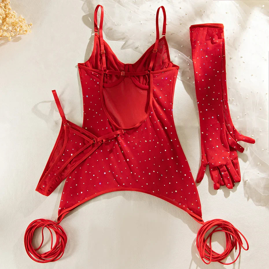Red Lace Babydoll Nightgown Set With Diamond Gloves