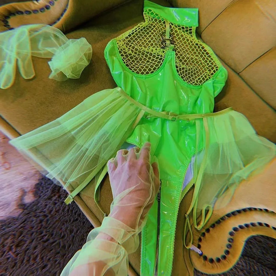 Alluring Black Leather Bodysuit Lingerie Lace Poncho Skirt