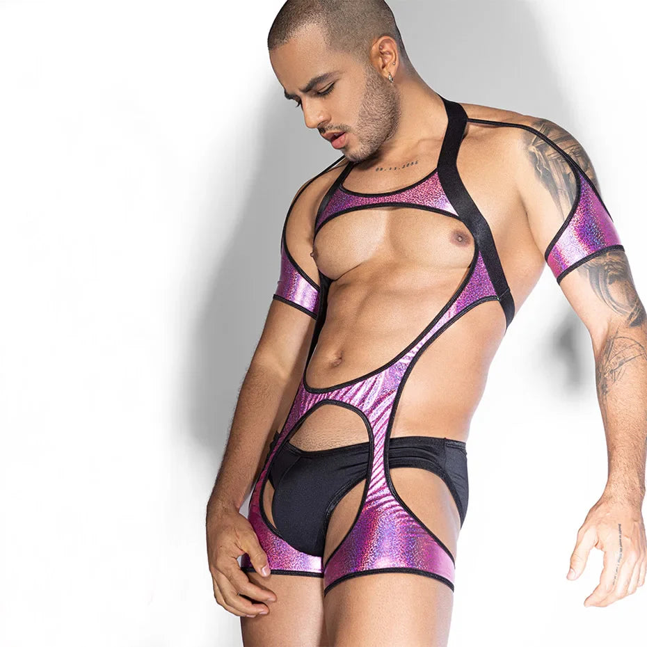 Men 2-Piece Red Leather Bodysuit Alluring Hollow Out Teddy