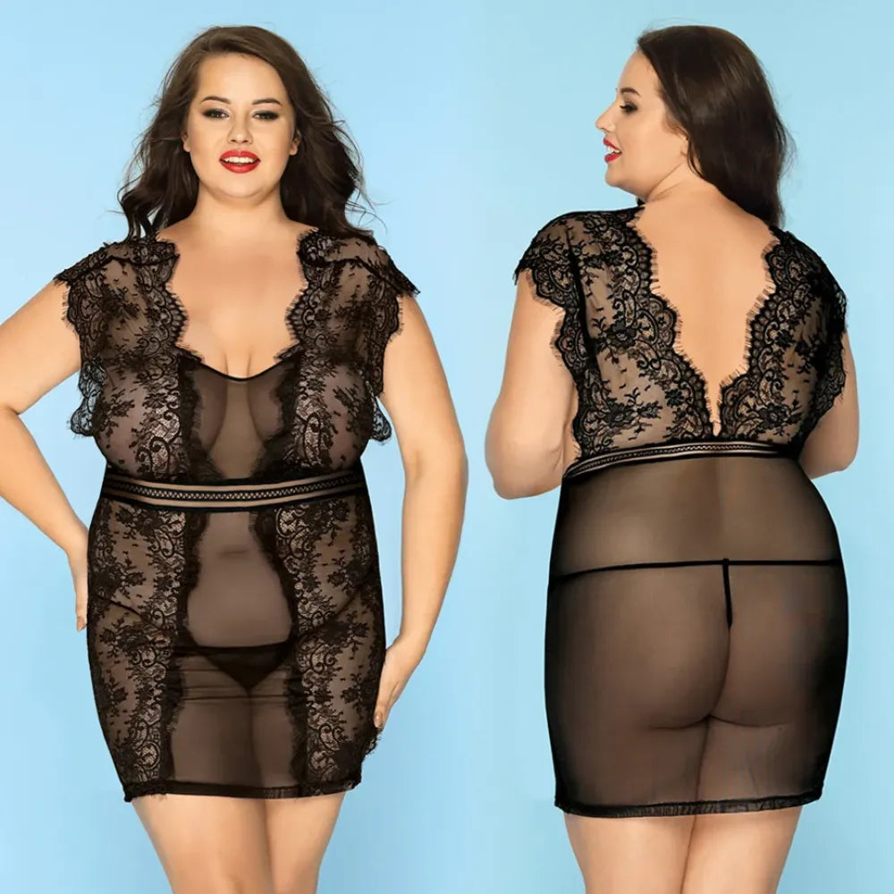 Alluring Lace Babydoll Nightgown Set Plus Size Red Lingerie