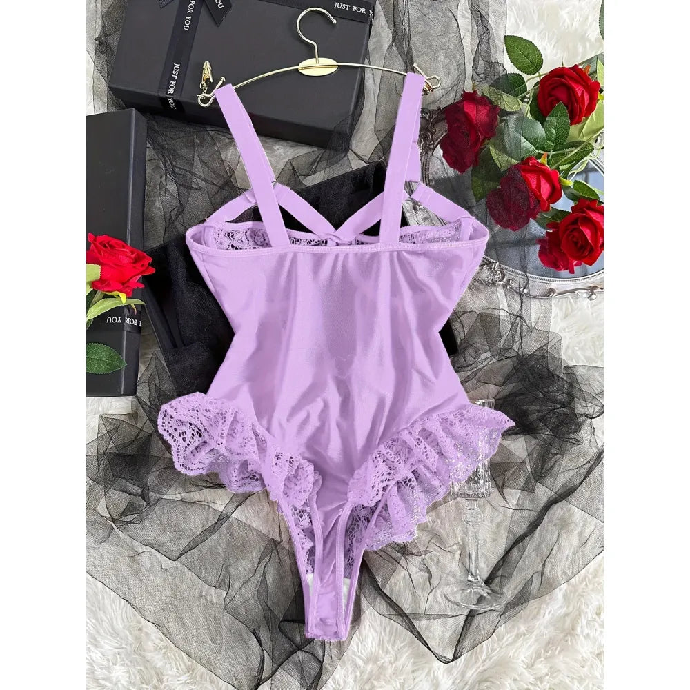 Lace Garter Thong Bodysuit Ruffle Trim