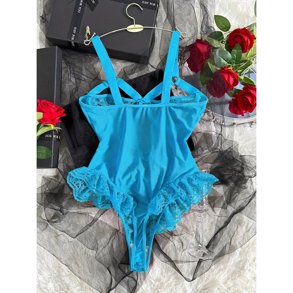 Lace Garter Thong Bodysuit Ruffle Trim