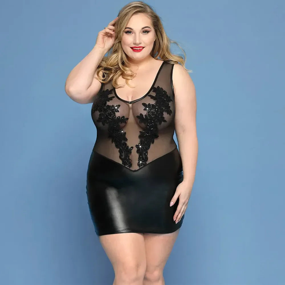 Plus Size Faux Leather Lingerie Dress Embroidered Sleepwear