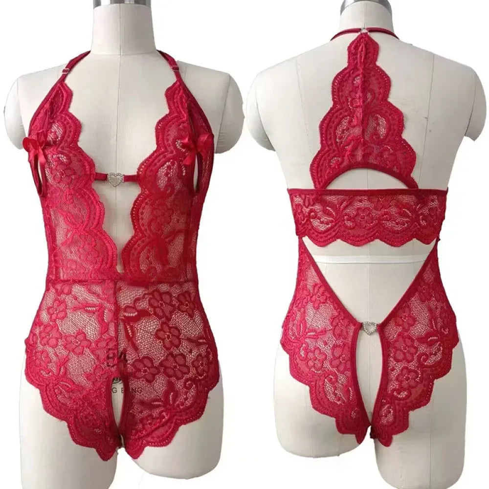 Wine Red Crotchless Lingerie Set for Women